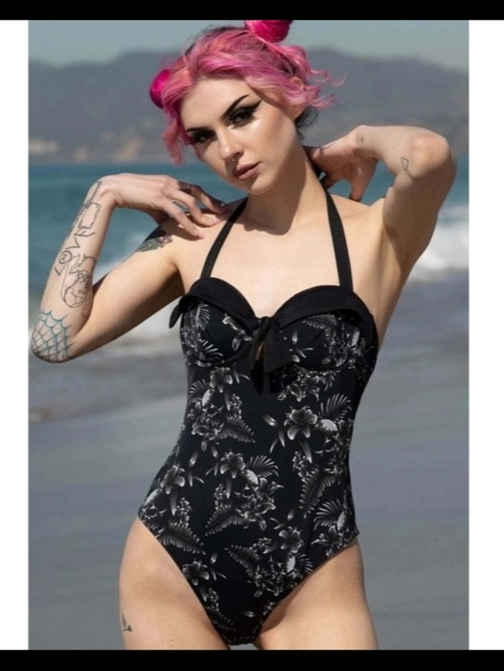 Killstar Aloha From Hell One Piece Swimsuit Floral Skull Halter Underwire M NWT - Picture 6 of 9